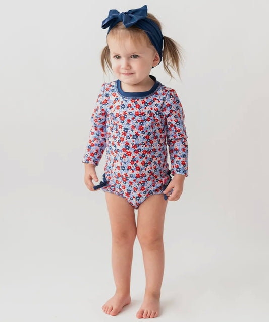 Red White and Bloom Long Sleeve One Piece Rash Guard